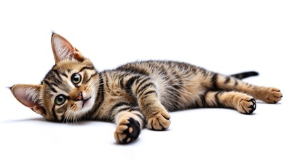 Cute Tabby Kitten Lying Down Looking Directly at Camera Isolated