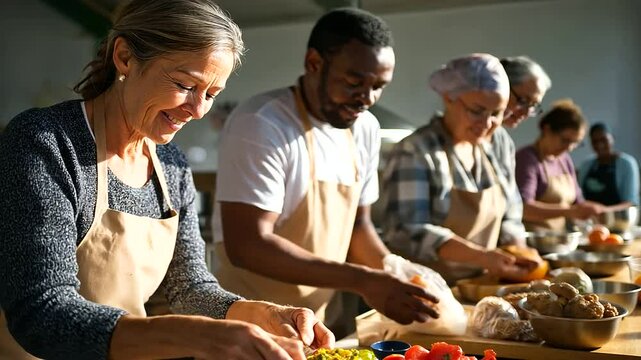 Volunteers actively handing out meals at a community charity gathering.