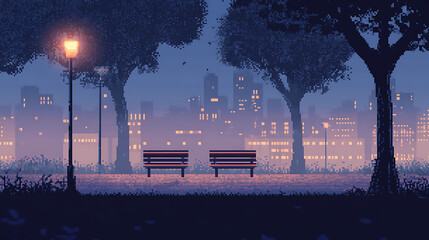 Pixel art of a park at twilight with benches facing a city skyline.