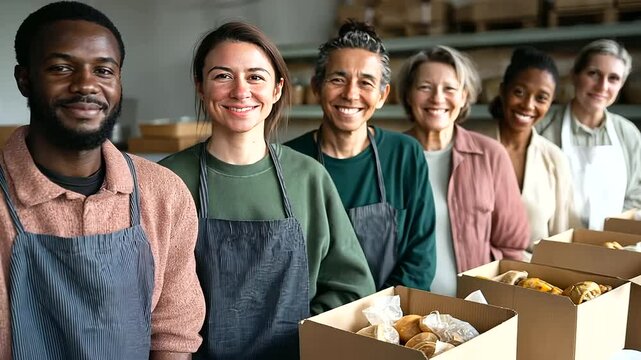 A multicultural group of volunteers working together at a humanitarian aid center.
