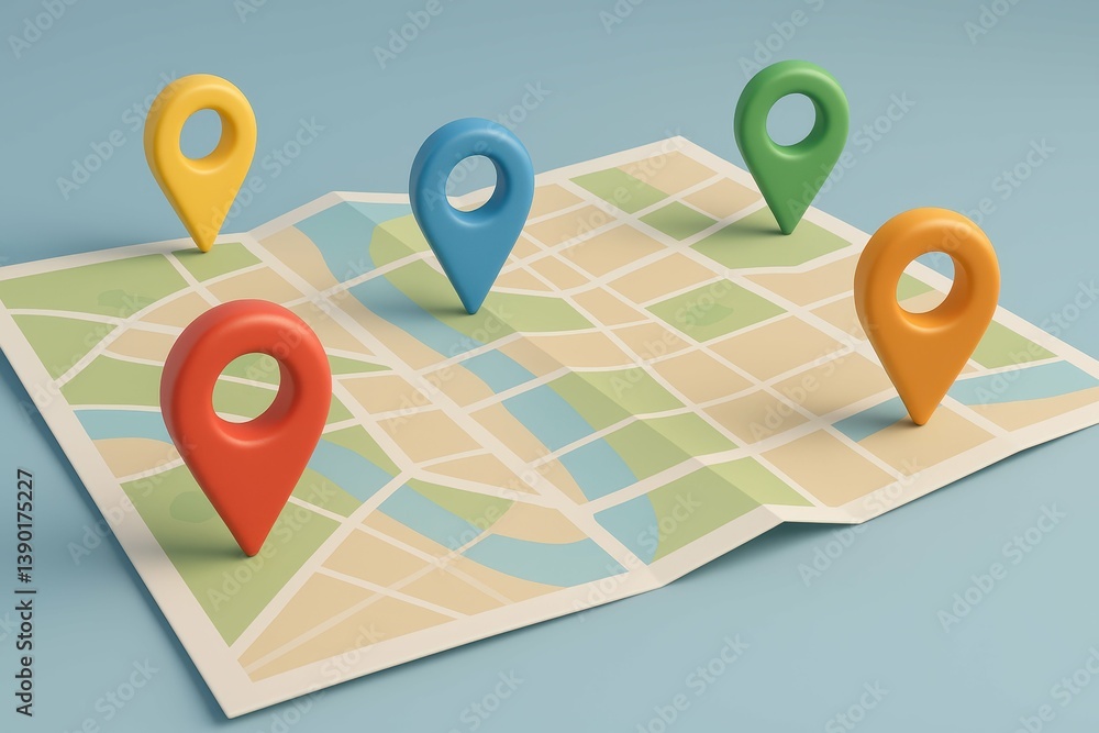 Poster colorful map pins on a paper map representing location tracking