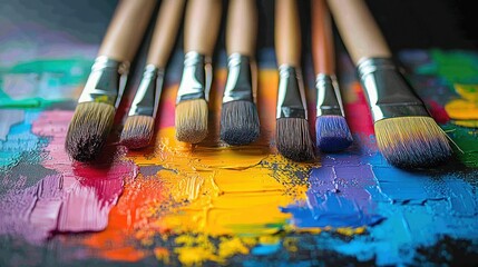 Fototapeta premium Artistic paintbrushes on vibrant colorful palette