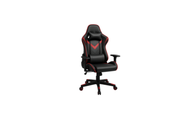 Isolated Black Gaming Chair with Red Accents on Transparent Checkered Background - PNG Format