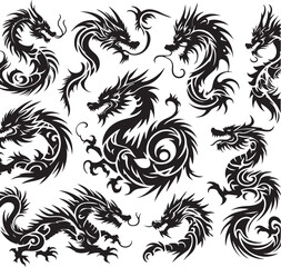 Tribal Dragon Tattoo Vector Illustration – Black Stylized Mythical Beast Design


