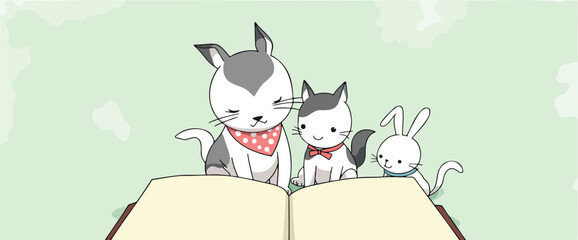 three adorable animals attentively reading a book together