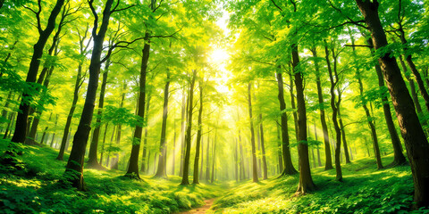 Fototapeta premium Radiant Sunbeams Streaming Through Lush Green Forest Canopy, Nature's Serene Beauty.