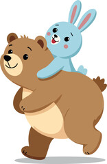 friendly brown bear carrying a cheerful blue bunny