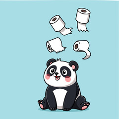 playful panda and floating toilet paper rolls in a cartoon