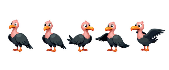 five cartoon vultures in playful poses