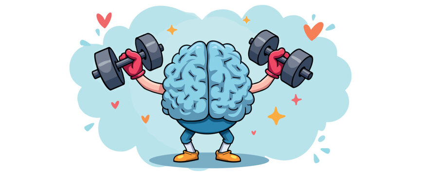 cartoon brain character lifting dumbbells symbolizing mental fitness and strength - Powered by Adobe