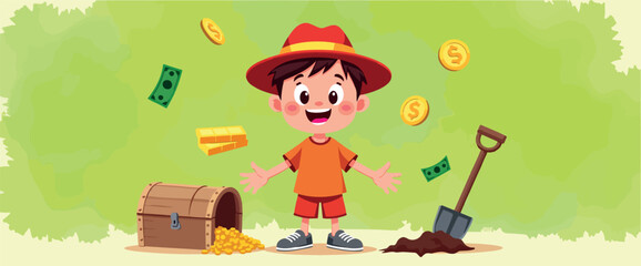 cheerful cartoon boy discovers a treasure chest filled with gold coins and dollar bills