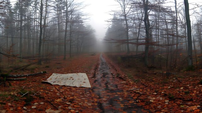A foggy forest scene shows a path and many trees present - Powered by Adobe