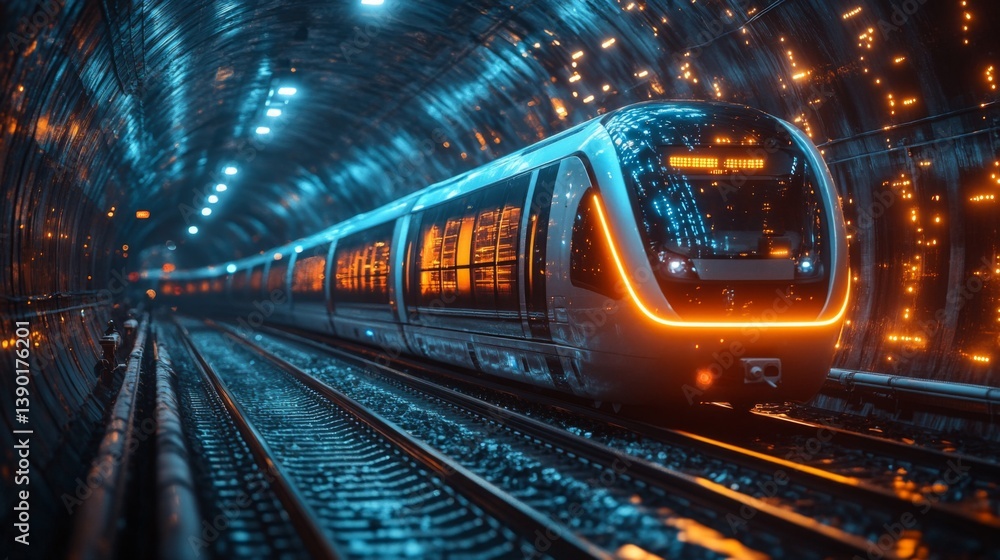 Poster A smarttrain powered by automation glides through a brilliantly lit tunnel in an urban setting, highlighting advanced infrastructure and modern mobility technology.