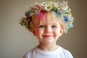 Fototapeta premium Dawn light. Happy caucasian toddler boy with multi-color hair wearing white flower crown on his head. Happy vacation time holidays creative. Summer fun for children. Young adventurer in summer.