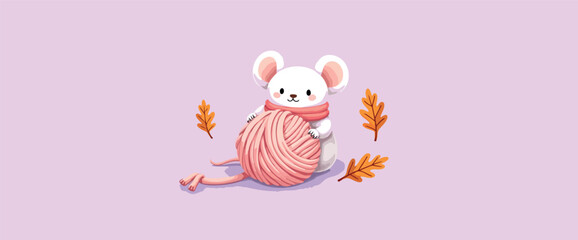 Obraz premium adorable white mouse with pink yarn and autumn leaves