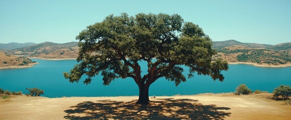 Majestic oak tree overlooking a tranquil lake