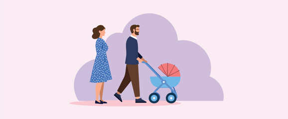 young couple calmly strolls pushing a baby stroller