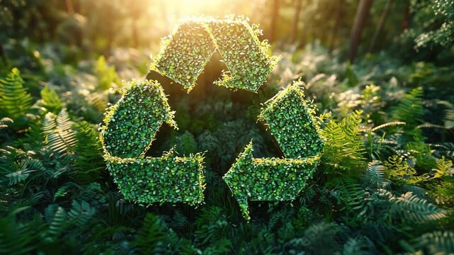 "Recycle Symbol in Nature: A vibrant and detailed photograph presents the iconic recycle symbol, artfully composed of verdant leaves, nestled amid a lush, thriving forest.
