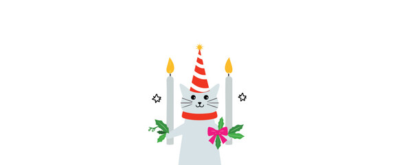 cheerful white cat with candles and holiday decorations