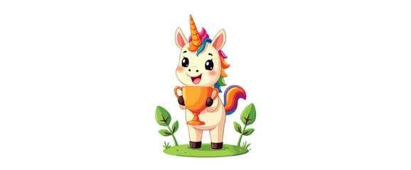 cheerful rainbow unicorn proudly holding a golden trophy