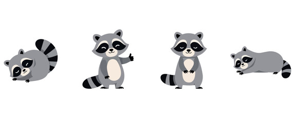 four charming cartoon raccoons in various poses