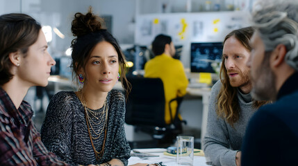 Fototapeta premium Diverse team collaborating on project in modern office creative environment