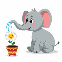 cute baby elephant gently waters a cheerful daisy in a decorative pot