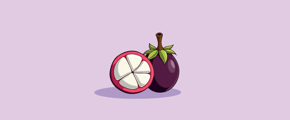 halved mangosteen fruit and a whole mangosteen against a light purple backdrop