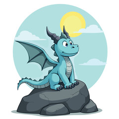 charming light blue baby dragon sits on a rock against a backdrop of blue sky and bright sun