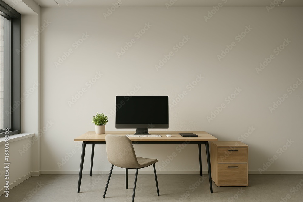 Poster minimalist office interior with desk and computer for simple workspace