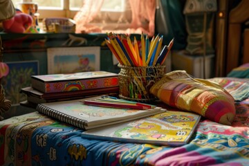 bedroom work table of a young child with coloring pencils and school books