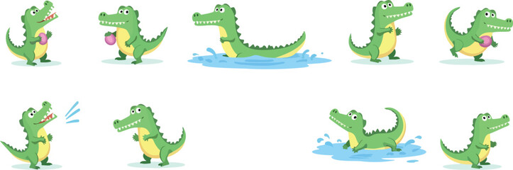 playful cartoon crocodiles in various actions against a white background