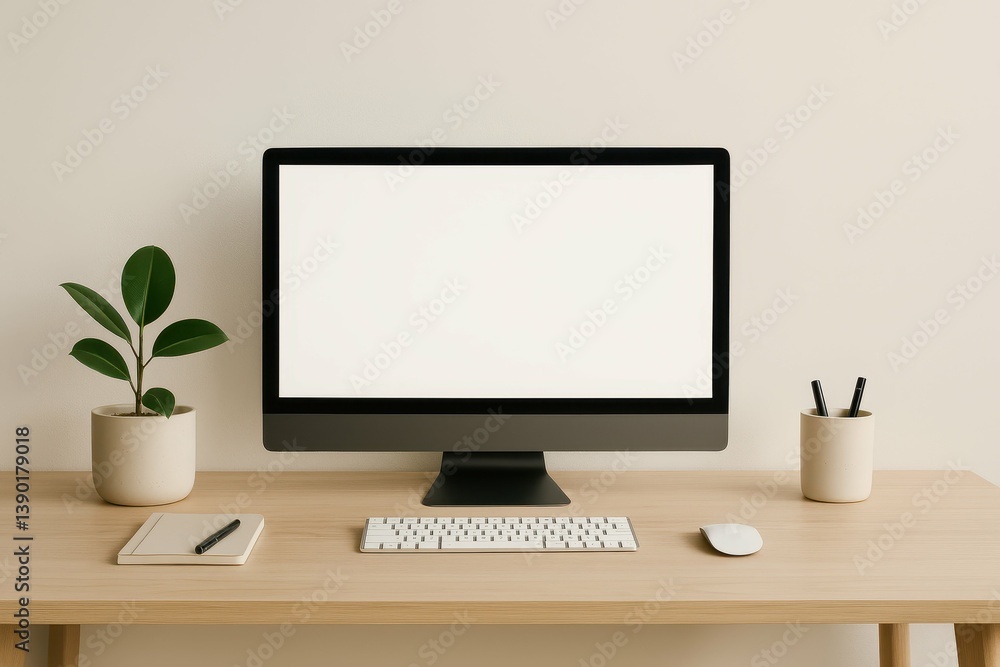 Poster minimalist workspace with computer and simple green plants