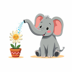 cute baby elephant gently waters a daisy with its trunk