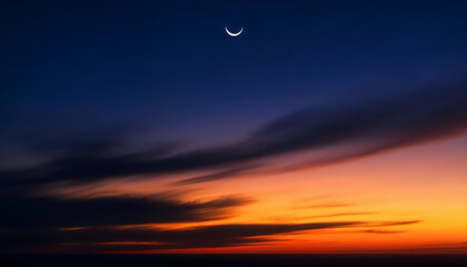 Crescent Moon in a Dramatic Evening Sky with Vivid Colors and Clouds.