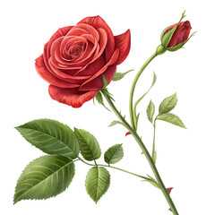 Obraz premium Detailed Red Rose with Leaves on Transparent Background