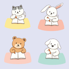four adorable animals—cat rabbit bear and dog—writing in notebooks