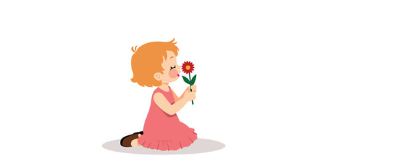 young girl gently smelling a single red flower