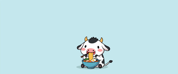 cute cartoon cow enjoying a bowl of noodles