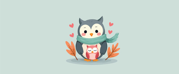 two owls one wearing a scarf sharing an affectionate moment surrounded by hearts and autumn leaves.