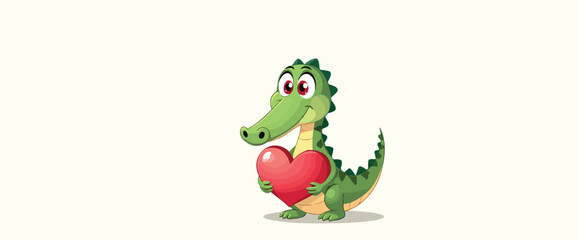 charming cartoon crocodile holding a red heart