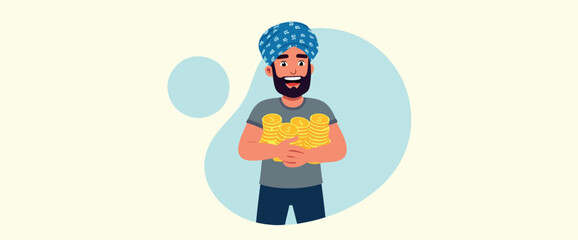 joyful man in a blue turban happily holding many gold coins
