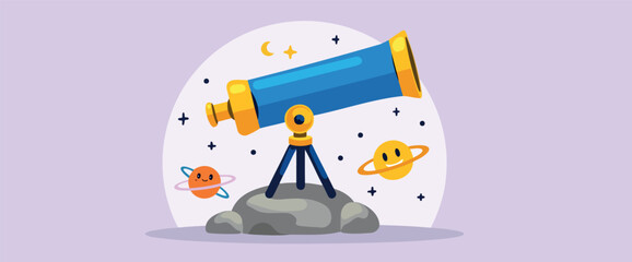cheerful cartoon telescope observing planets and stars.