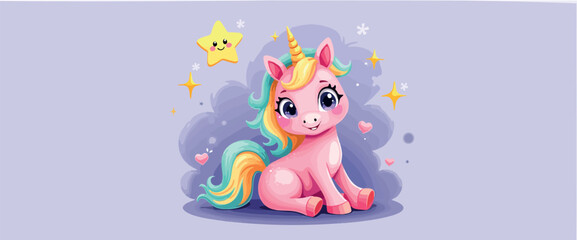 adorable pink unicorn with pastel mane and tail sitting on purple background