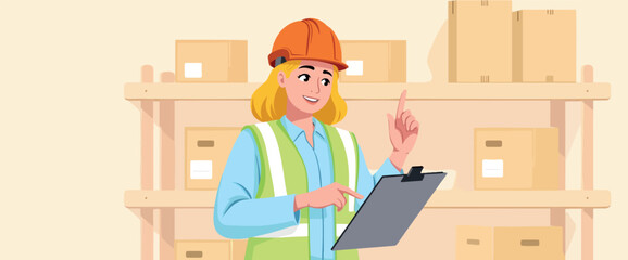 smiling female warehouse worker efficiently manages inventory using a clipboard
