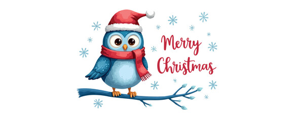 charming blue owl in santa hat and scarf on winter branch