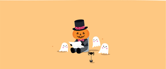 cheerful pumpkin character in a top hat reads a document surrounded by friendly ghosts and a small spider.