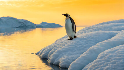 Obraz premium solitary penguin stands majestically on textured white ice surface, surrounded by tranquil waters reflecting stunning sunset