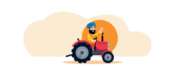 smiling farmer in yellow kurta and blue turban happily waving from his red tractor