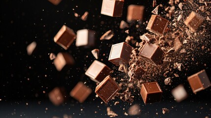 A dynamic image of chocolate cubes exploding, creating a beautiful display of motion and texture against a dark background.